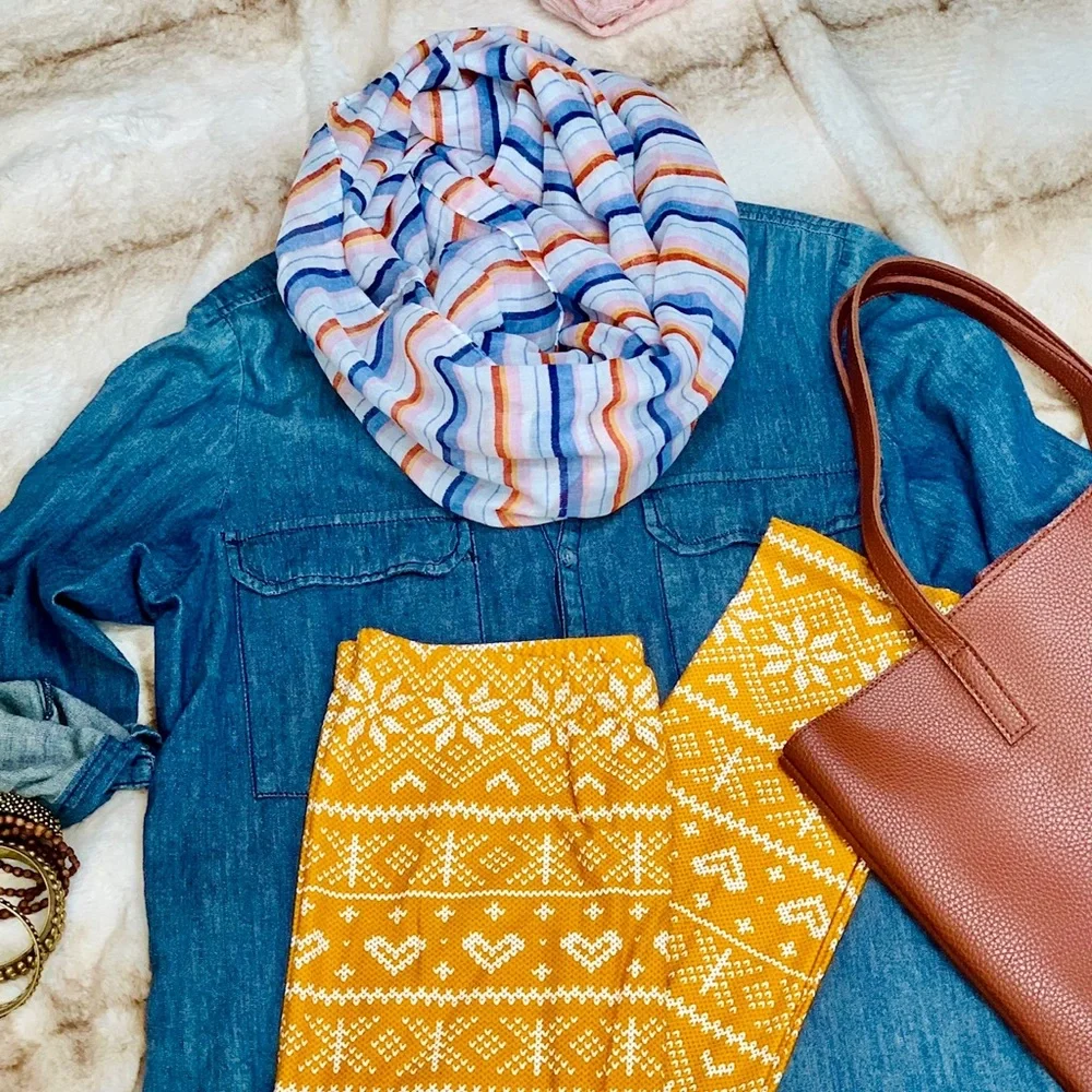 PREPPY Striped Infinity Scarf Head Wrap + Hair Tie - White Blue & Orange Stripes